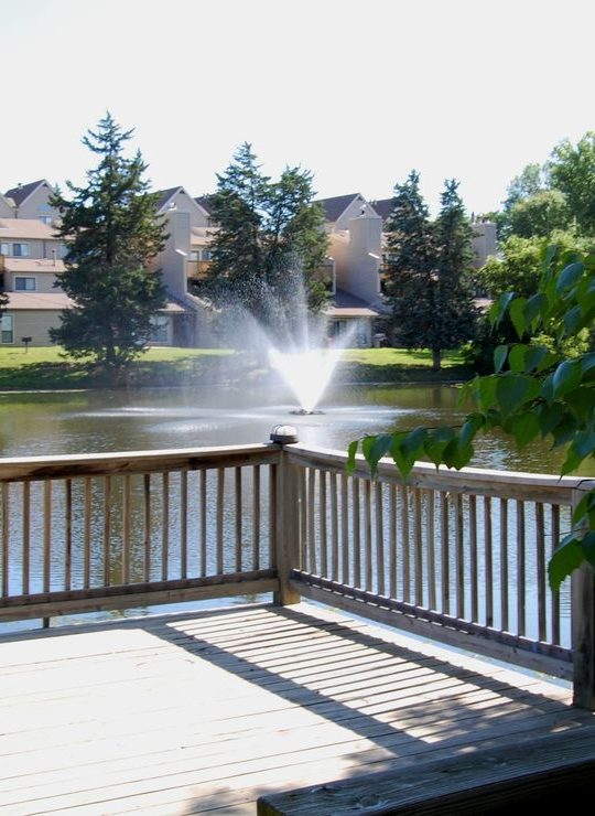 a wooden deck with a fountain and a pond at The Lakeside Village